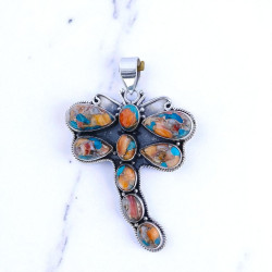 Wholesale Large 925 Sterling Silver Dragonfly Pendant | Orange Spiny Oyster Turquoise Statement Animal Jewelry (MYS P251) Wholesale Large 925 Sterling Silver Dragonfly Pendant | Orange Spiny Oyster Turquoise Statement Animal Jewelry (MYS P251)