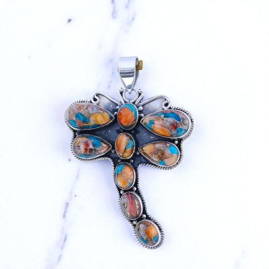 Wholesale Large 925 Sterling Silver Dragonfly Pendant | Orange Spiny Oyster Turquoise Statement Animal Jewelry (MYS P251) Wholesale Large 925 Sterling Silver Dragonfly Pendant | Orange Spiny Oyster Turquoise Statement Animal Jewelry (MYS P251)