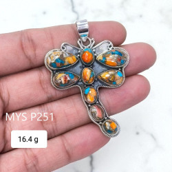 Wholesale Large 925 Sterling Silver Dragonfly Pendant | Orange Spiny Oyster Turquoise Statement Animal Jewelry (MYS P251)
