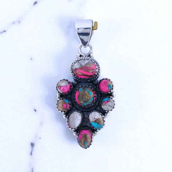 925 Sterling Silver Fine Pendants Handmade Cotton Candy Turquoise Gemstone Jewelry High Polish (MYS P261)