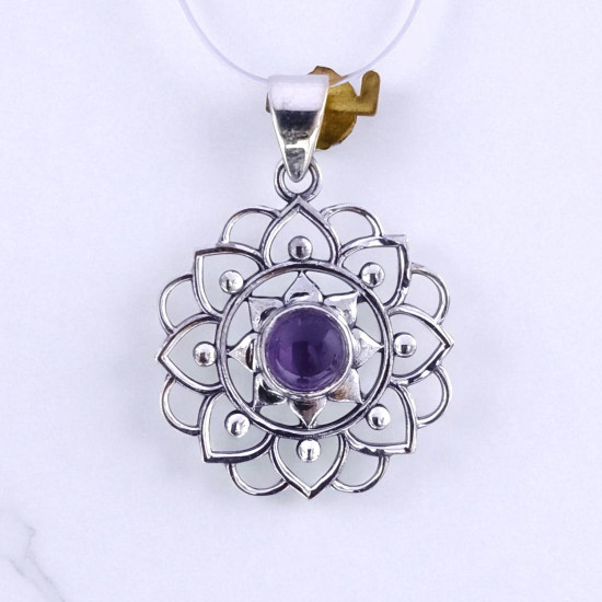 Wholesale 925 Sterling Silver Gemstone Pendant Lotus Mandala Starburst  Natural Rose Quartz & Amethyst Charm Pendant(MYS P27)