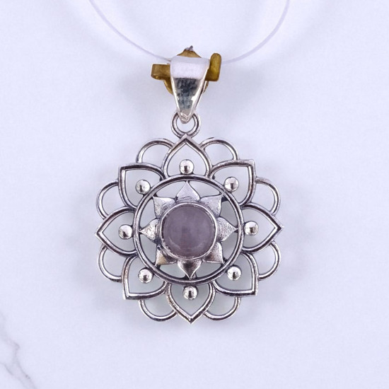 Wholesale 925 Sterling Silver Gemstone Pendant Lotus Mandala Starburst  Natural Rose Quartz & Amethyst Charm Pendant(MYS P27)