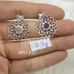 Wholesale 925 Sterling Silver Gemstone Pendant Lotus Mandala Starburst  Natural Rose Quartz & Amethyst Charm Pendant(MYS P27)