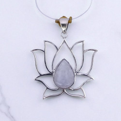 Wholesale 925 Sterling Silver Gemstone Pendant | Sacred Openwork Blooming Lotus Flower Pear-Cut Natural Turquoise & Rainbow Moonstone Statement Charm (MYS P3)