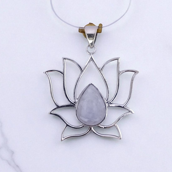 Wholesale 925 Sterling Silver Gemstone Pendant | Sacred Openwork Blooming Lotus Flower Pear-Cut Natural Turquoise & Rainbow Moonstone Statement Charm (MYS P3) Wholesale 925 Sterling Silver Gemstone Pendant | Sacred Openwork Blooming Lotus Flower Pear-Cut Natural Turquoise & Rainbow Moonstone Statement Charm (MYS P3)