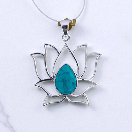 Wholesale 925 Sterling Silver Gemstone Pendant | Sacred Openwork Blooming Lotus Flower Pear-Cut Natural Turquoise & Rainbow Moonstone Statement Charm (MYS P3) Wholesale 925 Sterling Silver Gemstone Pendant | Sacred Openwork Blooming Lotus Flower Pear-Cut Natural Turquoise & Rainbow Moonstone Statement Charm (MYS P3)