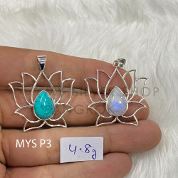 Wholesale 925 Sterling Silver Gemstone Pendant | Sacred Openwork Blooming Lotus Flower Pear-Cut Natural Turquoise & Rainbow Moonstone Statement Charm (MYS P3)