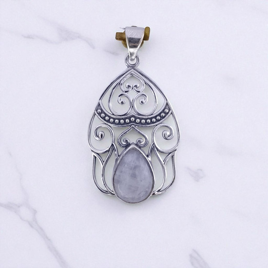 Wholesale 925 Sterling Silver Gemstone Pendant Filigree Arch Pear-Cut Natural Rainbow Moonstone & Amethyst Charm (MYS P32) Wholesale 925 Sterling Silver Gemstone Pendant Filigree Arch Pear-Cut Natural Rainbow Moonstone & Amethyst Charm (MYS P32)