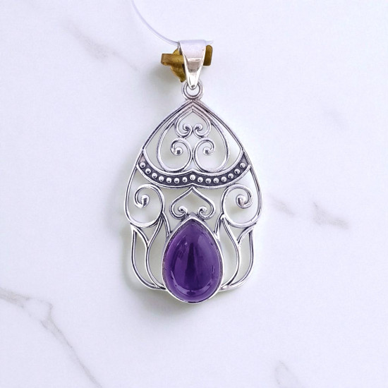 Wholesale 925 Sterling Silver Gemstone Pendant Filigree Arch Pear-Cut Natural Rainbow Moonstone & Amethyst Charm (MYS P32) Wholesale 925 Sterling Silver Gemstone Pendant Filigree Arch Pear-Cut Natural Rainbow Moonstone & Amethyst Charm (MYS P32)