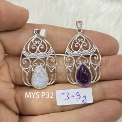 Wholesale 925 Sterling Silver Gemstone Pendant Filigree Arch Pear-Cut Natural Rainbow Moonstone & Amethyst Charm (MYS P32)