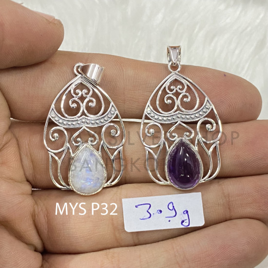 Wholesale 925 Sterling Silver Gemstone Pendant Filigree Arch Pear-Cut Natural Rainbow Moonstone & Amethyst Charm (MYS P32) Wholesale 925 Sterling Silver Gemstone Pendant Filigree Arch Pear-Cut Natural Rainbow Moonstone & Amethyst Charm (MYS P32)