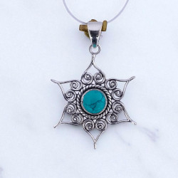 Wholesale 925 Sterling Silver Gemstone Pendant 6-Point Starburst Filigree Scrollwork Round Natural Turquoise & Amethyst Charm (MYS P33)
