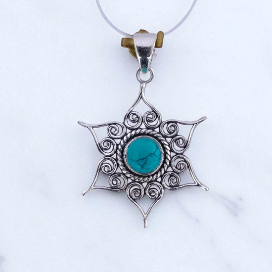 Wholesale 925 Sterling Silver Gemstone Pendant 6-Point Starburst Filigree Scrollwork Round Natural Turquoise & Amethyst Charm (MYS P33)