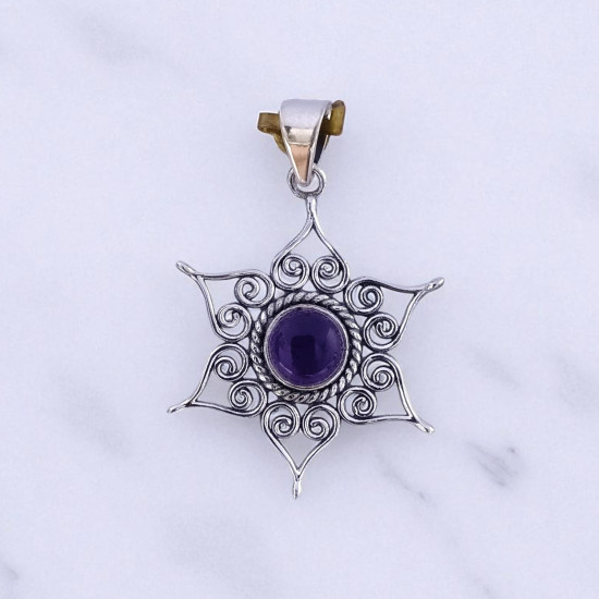 Wholesale 925 Sterling Silver Gemstone Pendant 6-Point Starburst Filigree Scrollwork Round Natural Turquoise & Amethyst Charm (MYS P33)