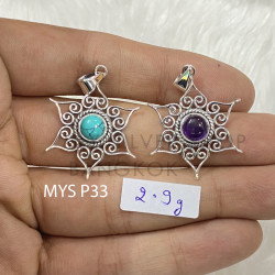 Wholesale 925 Sterling Silver Gemstone Pendant 6-Point Starburst Filigree Scrollwork Round Natural Turquoise & Amethyst Charm (MYS P33)