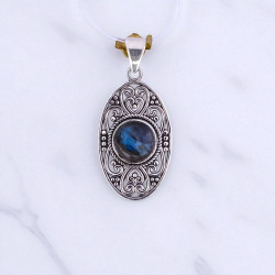 Wholesale 925 Sterling Silver Gemstone Pendant | Vintage Openwork Oval Heart Filigree Scrollwork Round Natural Turquoise & Labradorite Charm (MYS P34)