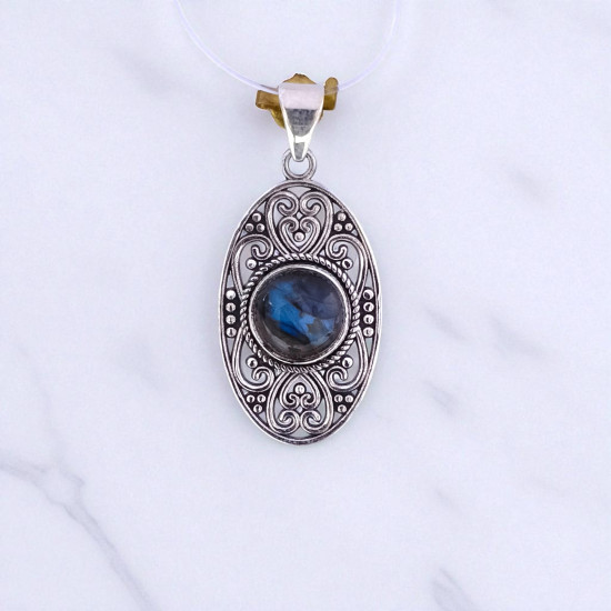 Wholesale 925 Sterling Silver Gemstone Pendant | Vintage Openwork Oval Heart Filigree Scrollwork Round Natural Turquoise & Labradorite Charm (MYS P34) Wholesale 925 Sterling Silver Gemstone Pendant | Vintage Openwork Oval Heart Filigree Scrollwork Round Natural Turquoise & Labradorite Charm (MYS P34)