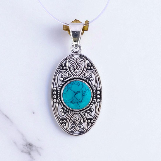 Wholesale 925 Sterling Silver Gemstone Pendant | Vintage Openwork Oval Heart Filigree Scrollwork Round Natural Turquoise & Labradorite Charm (MYS P34) Wholesale 925 Sterling Silver Gemstone Pendant | Vintage Openwork Oval Heart Filigree Scrollwork Round Natural Turquoise & Labradorite Charm (MYS P34)