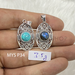 Wholesale 925 Sterling Silver Gemstone Pendant | Vintage Openwork Oval Heart Filigree Scrollwork Round Natural Turquoise & Labradorite Charm (MYS P34)