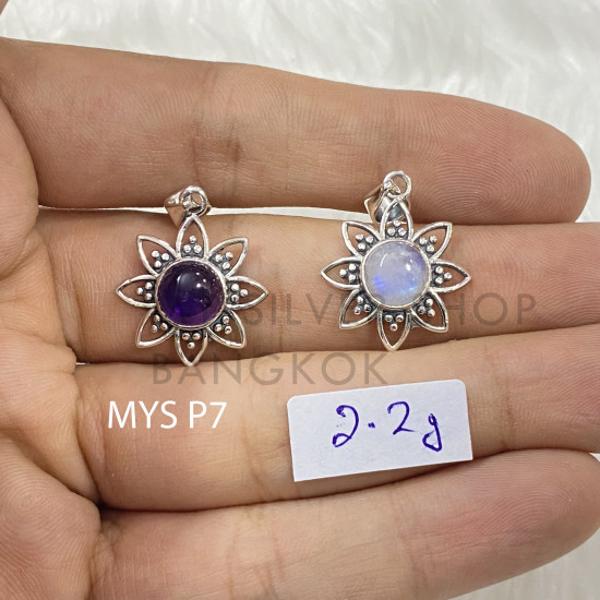 Wholesale 925 Sterling Silver Gemstone Pendant | Vintage Oxidized Openwork Floral Natural Amethyst & Rainbow Moonstone Charm (MYS P7)