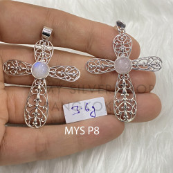 Wholesale 925 Sterling Silver Gemstone Pendant | Vintage Openwork Filigree Lace Scrollwork Cross Natural Gemstone Charm Pendant (MYS P8)