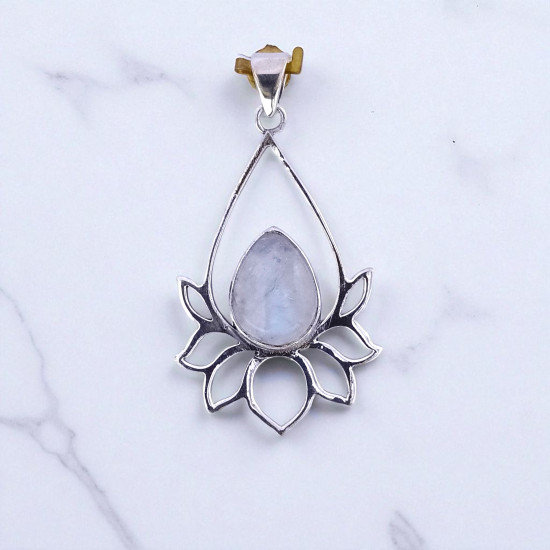 925 Sterling Silver Gemstone Pendant | Openwork Teardrop Lotus Flower Petal Pear-Cut Natural Labradorite & Rainbow Moonstone Charm (MYS P9)
