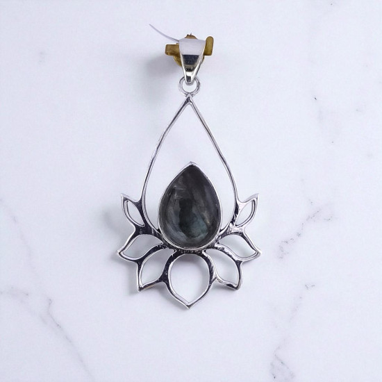925 Sterling Silver Gemstone Pendant | Openwork Teardrop Lotus Flower Petal Pear-Cut Natural Labradorite & Rainbow Moonstone Charm (MYS P9)