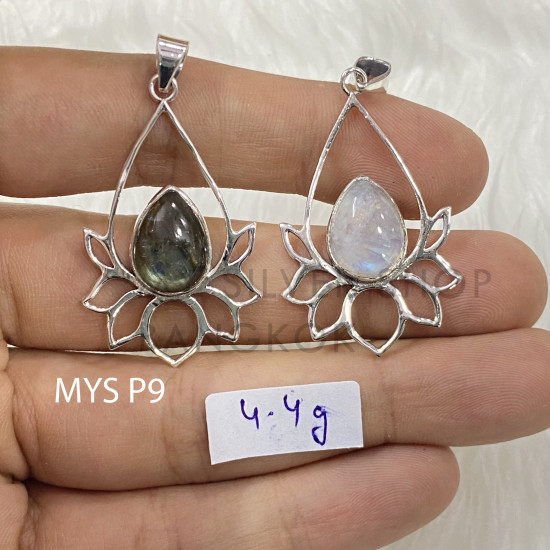 925 Sterling Silver Gemstone Pendant | Openwork Teardrop Lotus Flower Petal Pear-Cut Natural Labradorite & Rainbow Moonstone Charm (MYS P9)