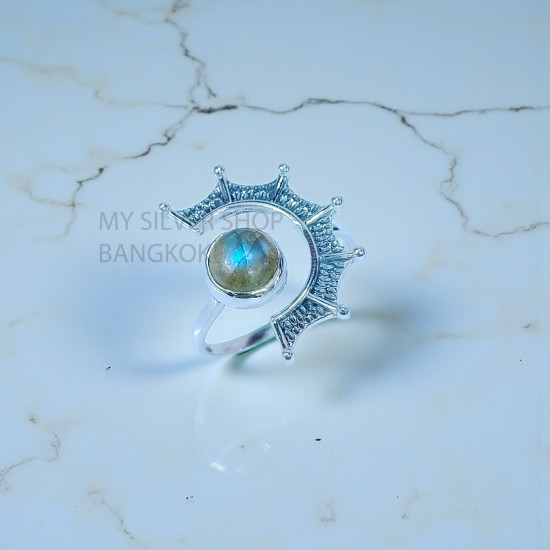 Wholesale 925 Sterling Silver Labradorite Sunburst Crescent Shield Ring | MYS SR288 | 2.9g
