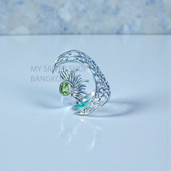 Wholesale 925 Sterling Silver Peridot Filigree Crescent Moon & Sun Statement Ring | MYS SR299 | 2.6g Wholesale 925 Sterling Silver Peridot Filigree Crescent Moon & Sun Statement Ring | MYS SR299 | 2.6g