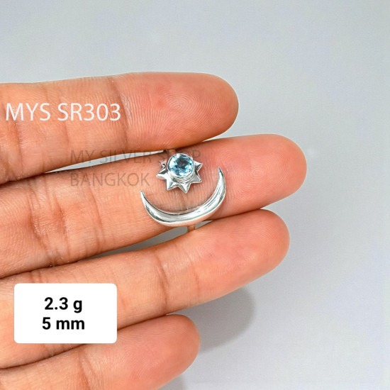 Wholesale 925 Sterling Silver Blue Topaz Celestial Crescent Moon & Star Ring | MYS SR303 | 2.3g Wholesale 925 Sterling Silver Blue Topaz Celestial Crescent Moon & Star Ring | MYS SR303 | 2.3g