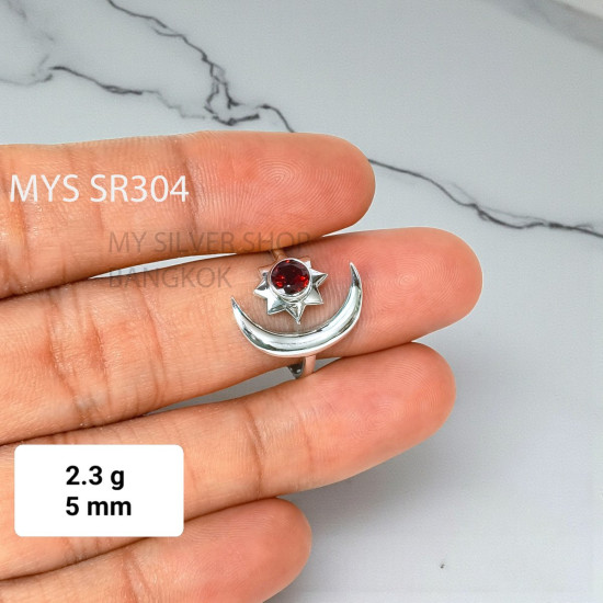 Wholesale 925 Sterling Silver Garnet Celestial Crescent Moon & Star Ring | MYS SR304 | 2.3g Wholesale 925 Sterling Silver Garnet Celestial Crescent Moon & Star Ring | MYS SR304 | 2.3g