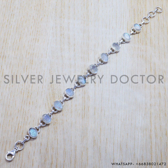 Rainbow Moonstone 925 Sterling Silver Bracelet (SJWBR-139) Rainbow Moonstone 925 Sterling Silver Bracelet (SJWBR-139)