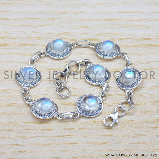 Rainbow Moonstone 925 Sterling Silver Bracelet (SJWBR-304) Rainbow Moonstone 925 Sterling Silver Bracelet (SJWBR-304)