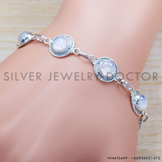 Rainbow Moonstone 925 Sterling Silver Bracelet (SJWBR-304) Rainbow Moonstone 925 Sterling Silver Bracelet (SJWBR-304)