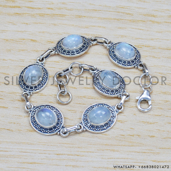 Rainbow Moonstone 925 Sterling Silver Bracelet (SJWBR-312) Rainbow Moonstone 925 Sterling Silver Bracelet (SJWBR-312)