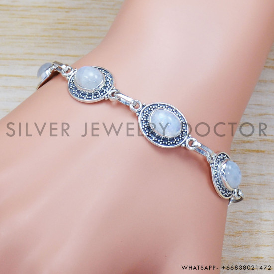 Rainbow Moonstone 925 Sterling Silver Bracelet (SJWBR-312) Rainbow Moonstone 925 Sterling Silver Bracelet (SJWBR-312)