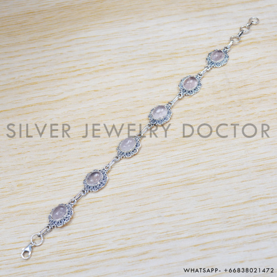 Rose Quartz 925 Sterling Silver Bracelet (SJWBR-329) Rose Quartz 925 Sterling Silver Bracelet (SJWBR-329)