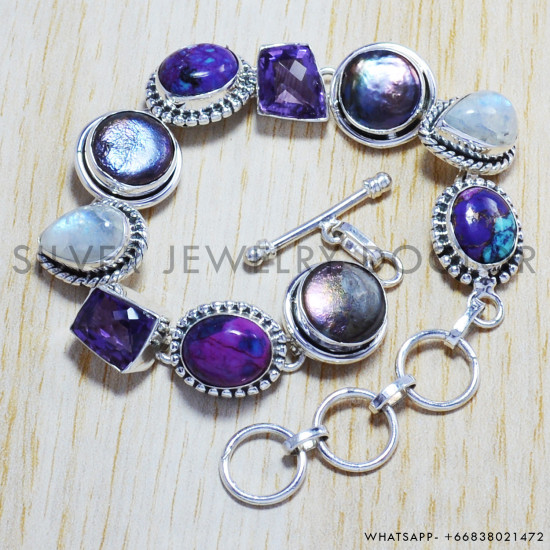 Rainbow Moonstone 925 Sterling Silver Bracelet (SJWBR-4) Rainbow Moonstone 925 Sterling Silver Bracelet (SJWBR-4)