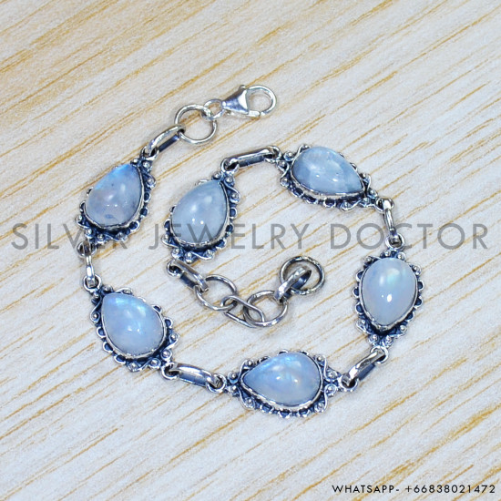Rainbow Moonstone 925 Sterling Silver Bracelet (SJWBR-431) Rainbow Moonstone 925 Sterling Silver Bracelet (SJWBR-431)