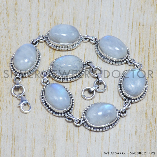 Rainbow Moonstone 925 Sterling Silver Bracelet (SJWBR-49)