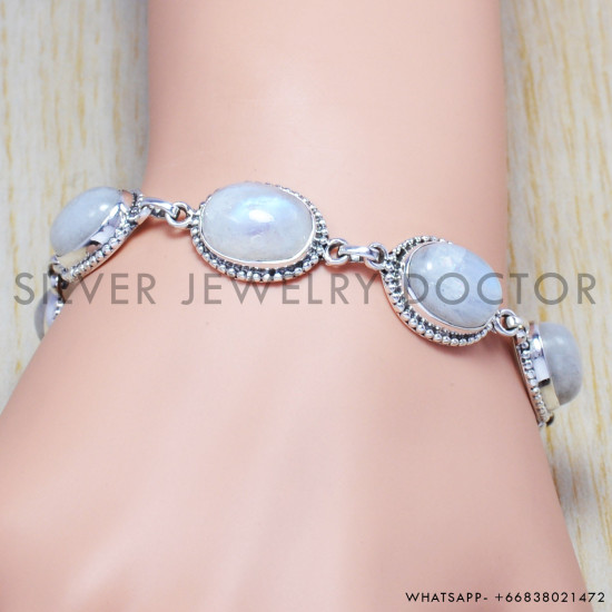 Rainbow Moonstone 925 Sterling Silver Bracelet (SJWBR-49)