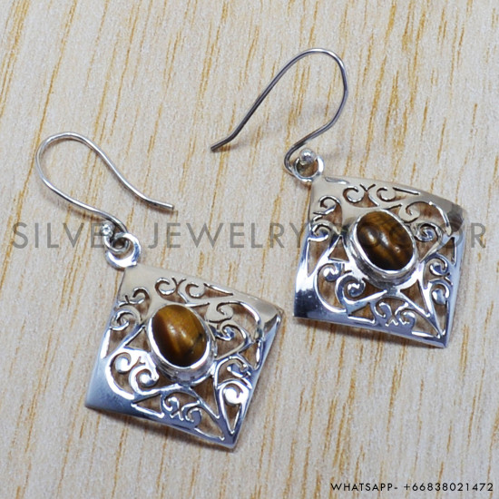 Tiger Eye 925 Sterling Silver Earrings (SJWE-29)