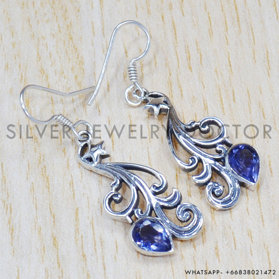 Pure 925 Sterling Silver Handmade Jewelry Iolite Gemstone Earrings SJWE-350