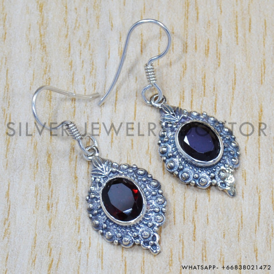 Garnet Gemstone Jewelry 925 Sterling Silver Causal Wear Earrings SJWE-387