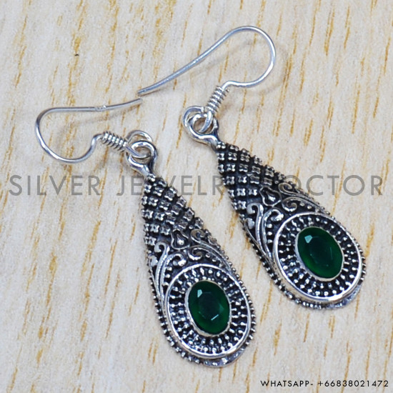 Green Onyx 925 Sterling Silver Earrings (SJWE-441) Green Onyx 925 Sterling Silver Earrings (SJWE-441)