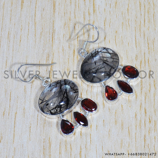 Black Rutile 925 Sterling Silver Earrings (SJWE-606)
