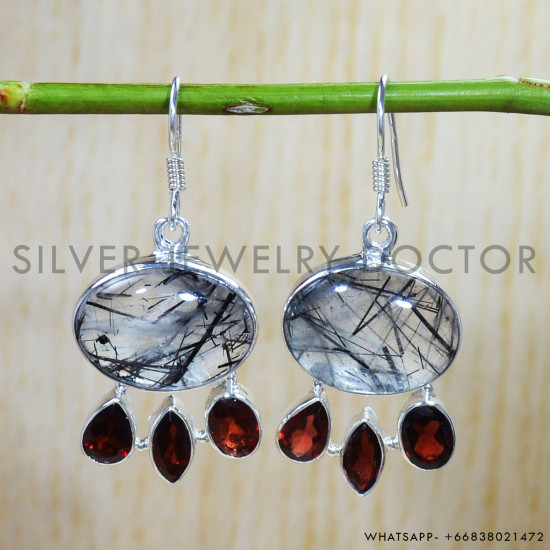 Black Rutile 925 Sterling Silver Earrings (SJWE-606)