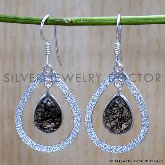 Black Rutile 925 Sterling Silver Earrings (SJWE-835)