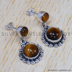 Tiger Eye 925 Sterling Silver Stud Earrings (SJWES-221)